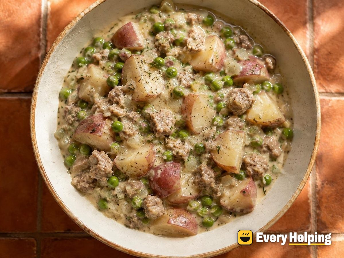 Pork Sausage-Style Gravy with Potatoes and Peas